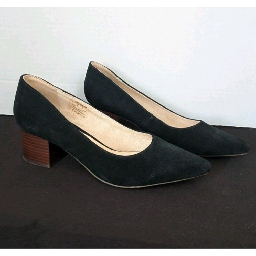 Hush Puppies Sofie Pumps Women’s 10 Black Suede Slip-On Wood Heals Casual Shoes